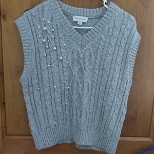 Free Assembly Gray V-Neck Sweater Vest with Pearl Details and rhinestones